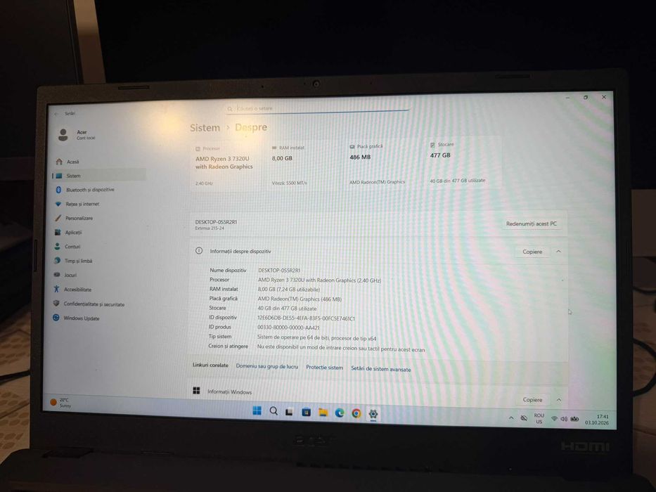 Laptop Acer Extensa 15 EX215-24 r AMD Ryzen 3 7320U, 15.6'', Full HD, IPS, 8GB LPDDR5 RAM, 512GB SSD Windows 11