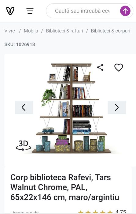 Corp biblioteca Rafevi, Tars Walnut Chrome, PAL, 65x22x146 cm, maro/ar