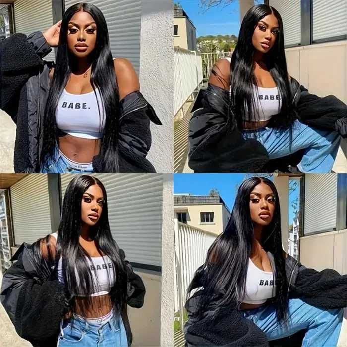 Естествена бразилска черна дълга права перука 80 см, 360° дантела