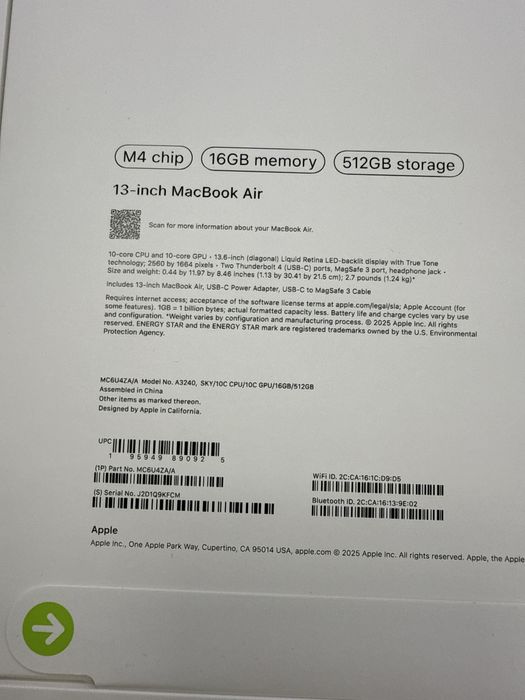 Macbook Air 13 16/512 M4