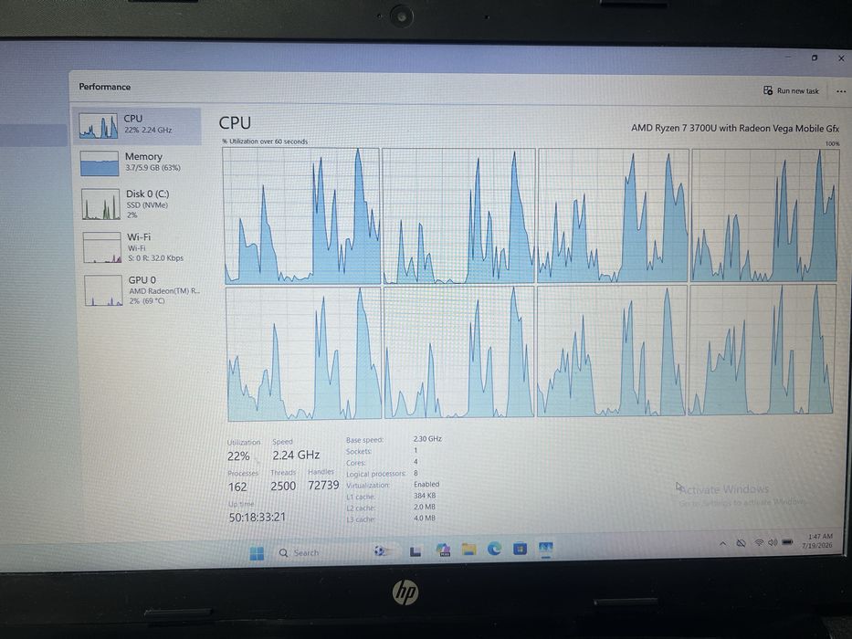 Laptop HP Ryzen 7 3700U, 8GB RAM, SSD 256GB, Full HD