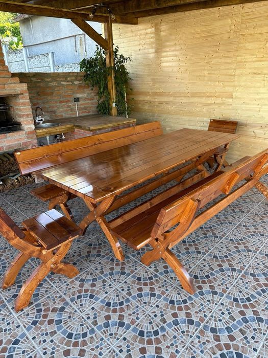 Masa cu banci si scaune lemn masiv lungime 2,5m