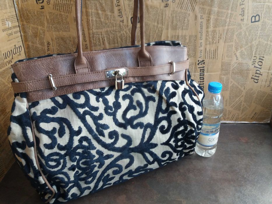 дамска чанта,голяма текстилна чанта с кожени дръжки-естествена кожа