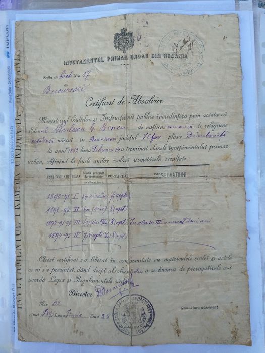 Certificat de absolvire 1895.