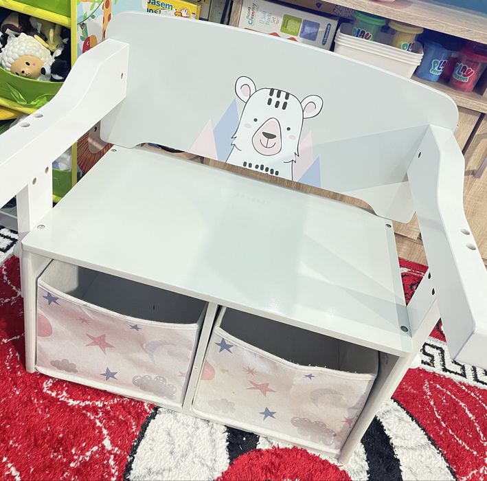 Băncuță copii 2 în 1 – masă activități + depozitare, stare foarte bună