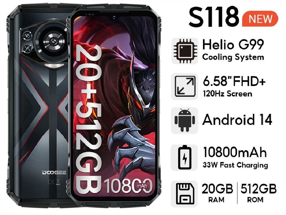 Telefon Mobil Rezistent Doogee S118, RAM 20GB+512GB. Octa Core, FHD