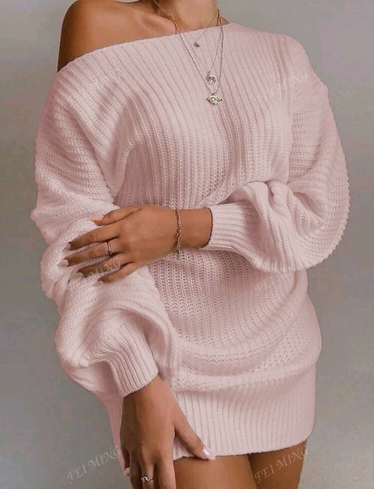 Едноцветна ежедневна свободна плетена пуловерна рокля.