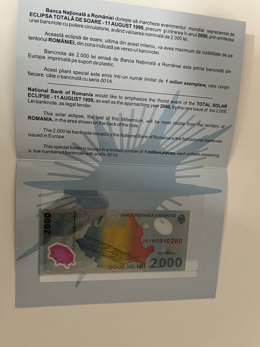 Bancnote Eclipsa de Soare 1999 , serie 001A0 , necirculate .