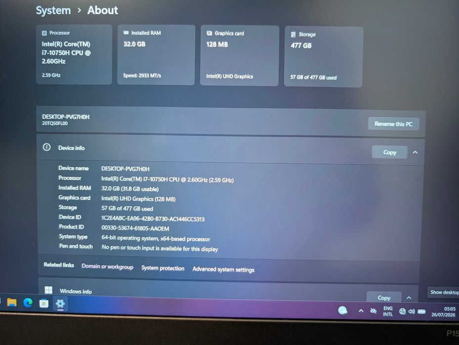 Лаптоп 15" Lenovo ThinkPad P15v G1 Intel Core i7 с 512GB SSD и 32GB RAM