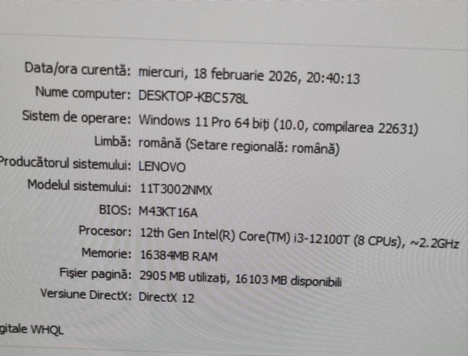 Mini PC Lenovo Thinkcentre M70q gen3 i3 12100T, 16 GB DDR4, 256 GB SSD