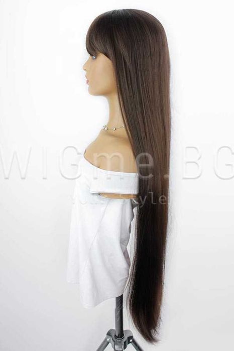 Екстра дълга права тъмнокестенява перука с бретон Ирен - 101 см.
