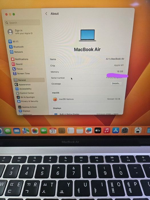 Macbook Air M1 13 dyum ram 16GB/ssd 512GB sotiladi
