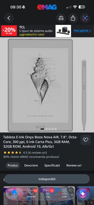 Tableta E-Ink Onyx Boox Nova AIR, 7.8", Octa-Core, 300 ppi, E-ink Carta Plus, 3GB RAM, 32GB ROM, Android 10, Alb/Gri - SIGILATA
