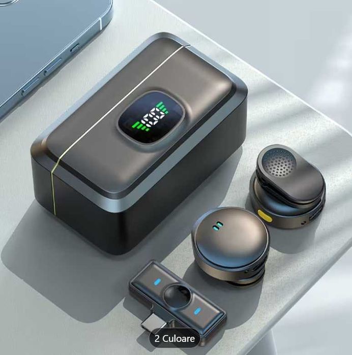 Set 2 Microfoane Lavaliera Profesionale cu Magnet, Mufe Type C si Lightning , Wireless, Reducere Android