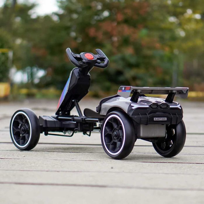 Go-Kart electric pentru copii 70W, 12V 4.5Ah, roti moi si telecomanda, culoare gri