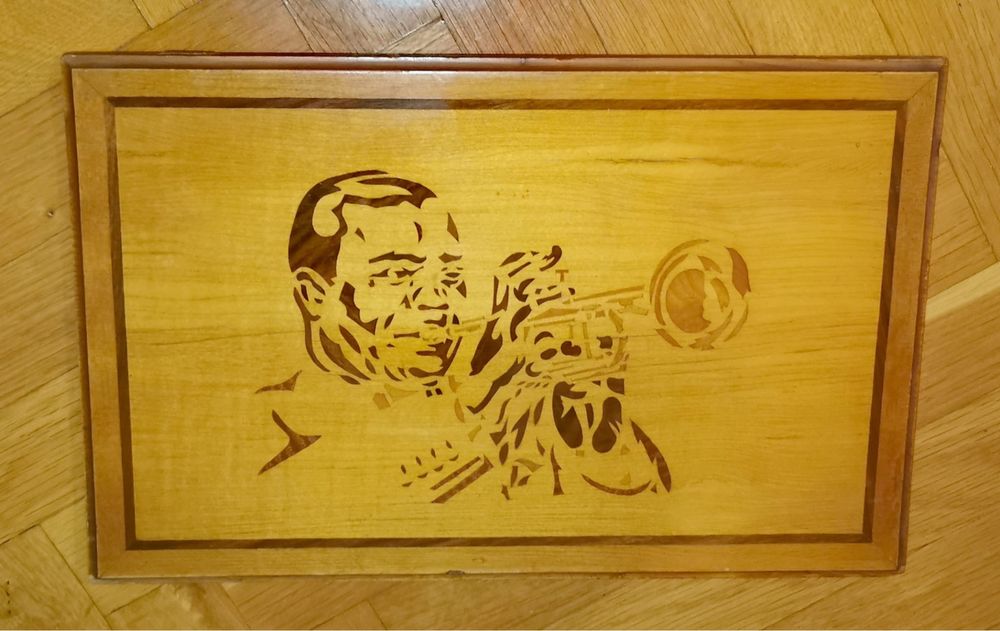 Антикварна картина дървена интарзия на Луис Армстронг ръчна изработка