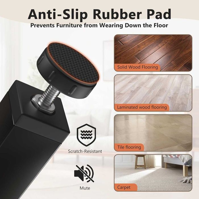 Set 4 picioare metalice reglabile pentru pat, cu protectii antiderapante, 30-32 cm