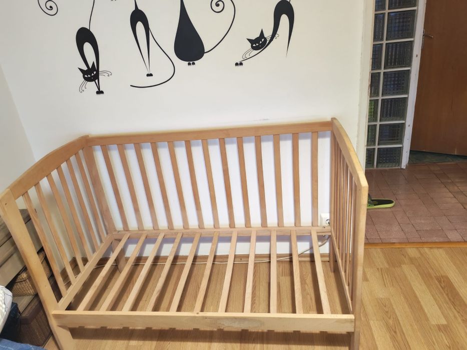 Pătuț lemn natur bebe/copii & saltea cocos