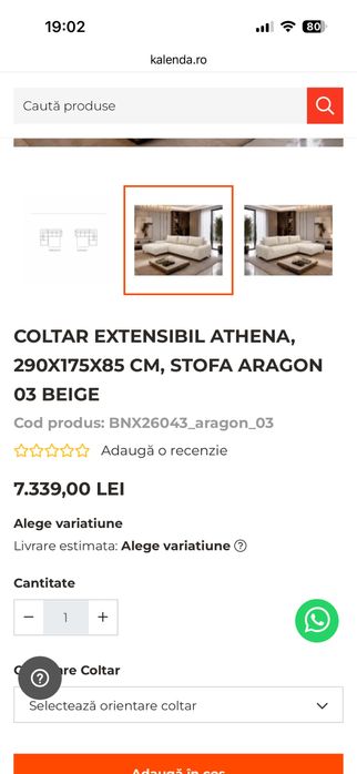 Coltar extensibil alb/beige, 290x175x85 cm din stofa aragon