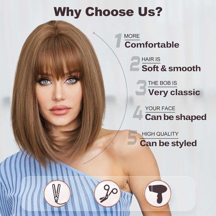 Кафява права синтетична перука с бретон - 35 см