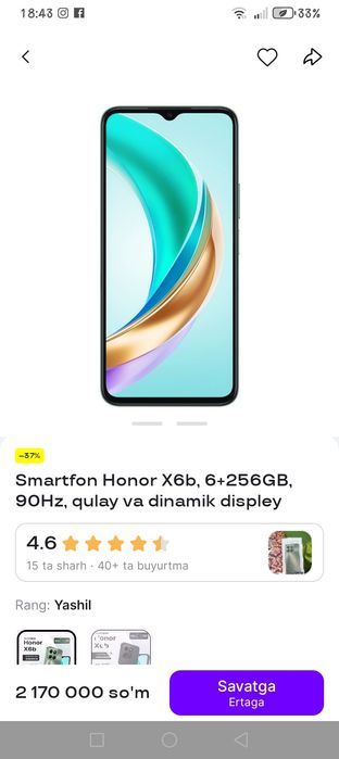 Honor x6b 6 ga 256 xotira imeykadan utgan sotiladi