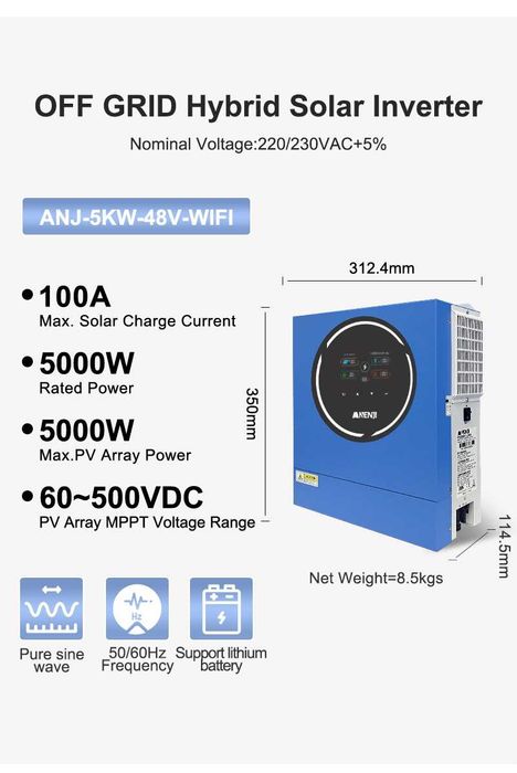 Solar Invertor Anenji 5k 5000W, 48V, MPPT, WIFI