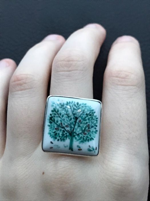 Inel portelan și argint suflat cu platină pictat manual Copacul Vietii