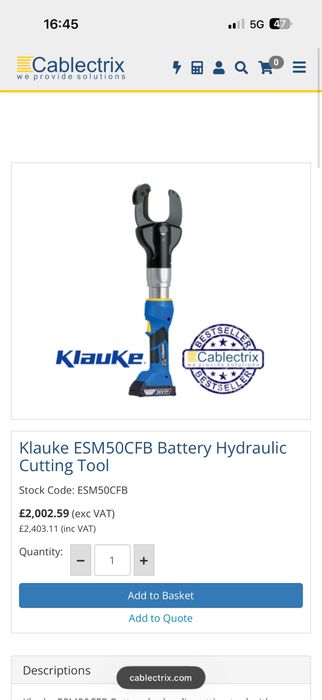 Klauke ESM50CFB ножица за рязане на кабели.