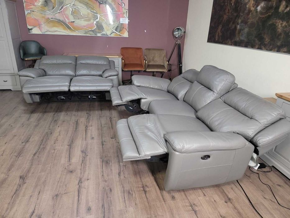 Сив кожен комплект дивани тройка и двойка с ел. релакс механизъм
