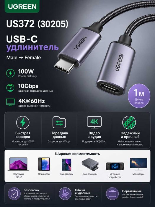 Кабель UGREEN двухсторонний Type-C USB4/USB3 Gen4/Gen3/Gen2/240W/PD 3.