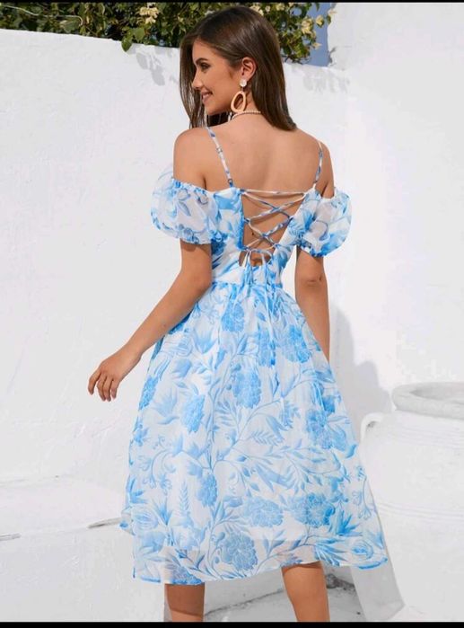 Rochie de zi alb albastru voal