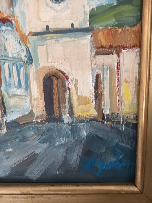 Tablou Autentic Peisaj Oraș European Pictat Și Semnat Rama Lemn