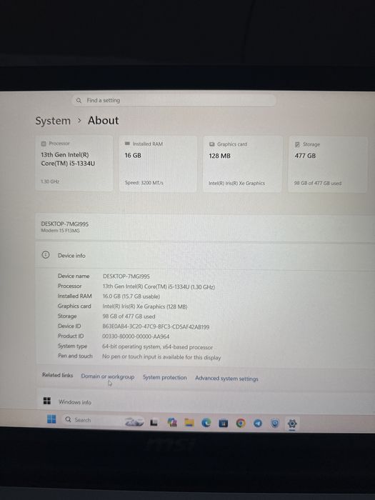 MSI Modern 15 F13MG-898XUZ 1334 U 16GM RAM 512GB C DISK15,6 UHD Silver