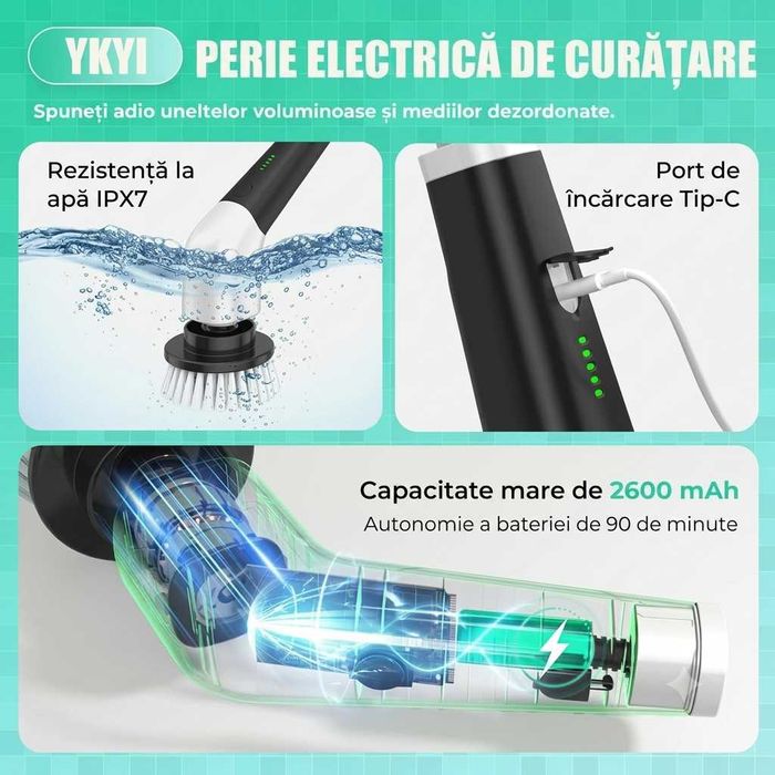 Perie Electrică Rotativă 8 Capete, Mâner Reglabil, 2 Viteze - NOUĂ