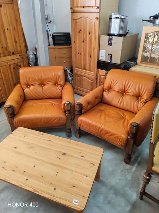 Set- 2 x Fotoli din Piele Naturală și Stejar - Mobila Vintage Germania