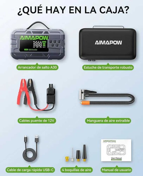 Чисто нов запечатан в целофан стартер за кола AIMAPOW A30 9000A / 2220mAh / 26.64Wh с компресор 160 PSI и фенерче, джъмп стартер