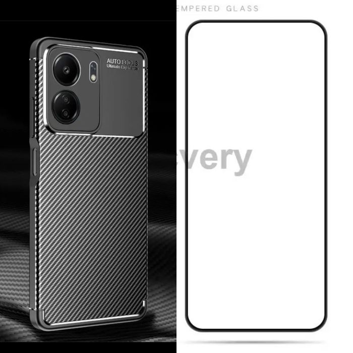 Husa Silicon Carbon Print + Folie Sticla Xiaomi Redmi 14C 13C PRO 5G