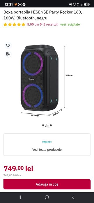 Boxa portabila HISENSE Party Rocker 160, 160W, Bluetooth, negru