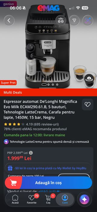 De’Longhi Magnifica Evo Milk ECAM290.61.B, LatteCrema, Garanție 11/2026