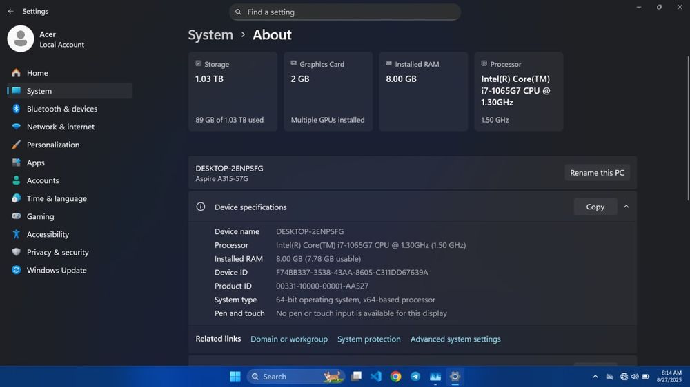 Acer Aspire A315-57G (i7 10-gen, MX330, 8GB RAM, SSD+HDD)

Tavsif:
Sot