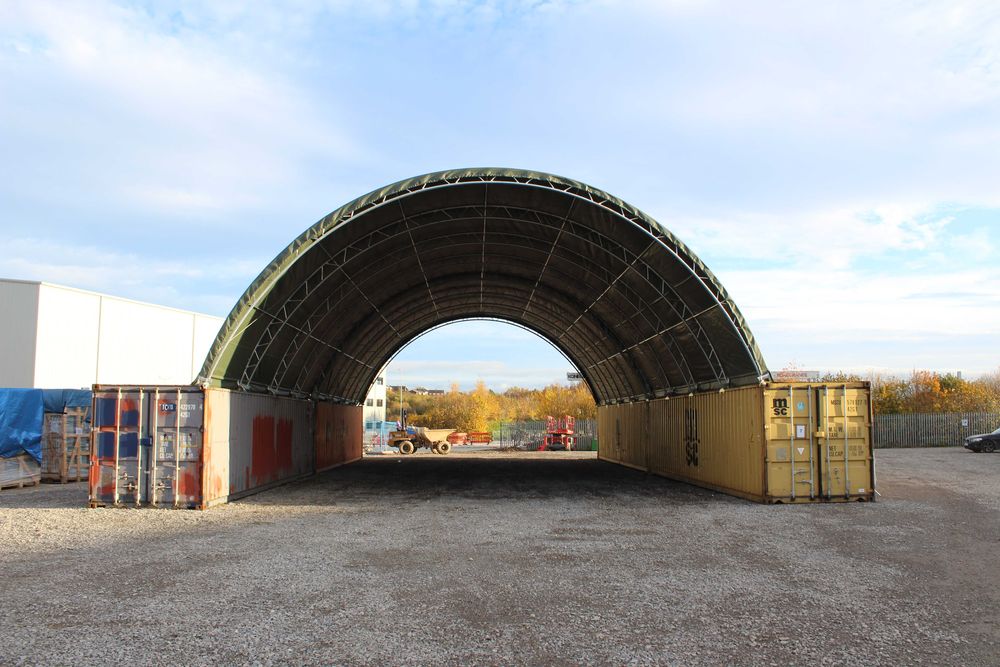 Cort/acoperis container structura dubla 12mx12m pe containere de 40'