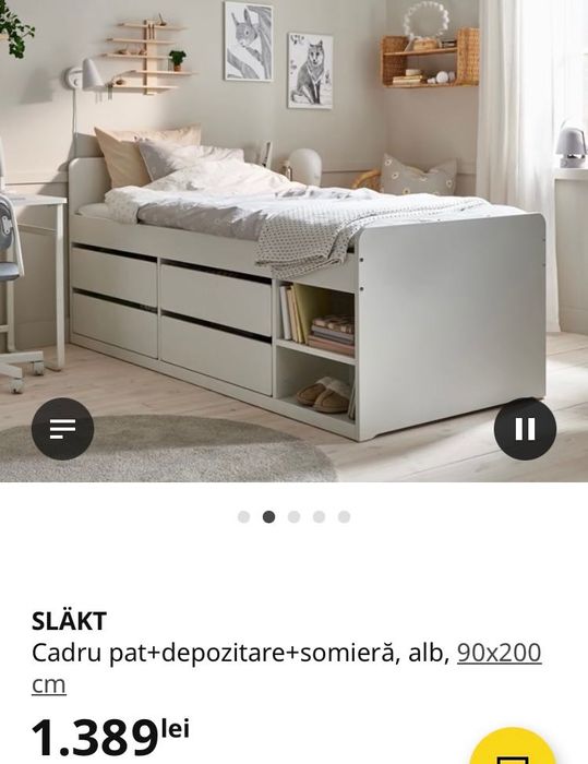 Cadru pat Slakt Ikea 90x200 cm cu depozitare+somiera+saltea+topper