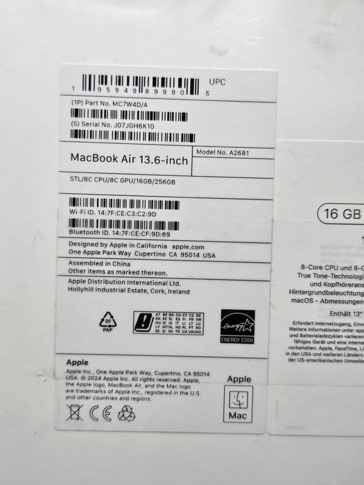 MacBook Air 13.6/ M2/ 16GB/ 256 SSD/ NOU, NEFOLOSIT