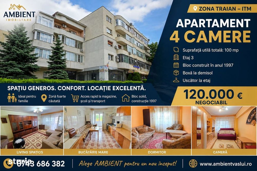 Apartament cu 4 camere, SC -133 mp, etaj 3, VASLUI - zona TRAIAN - ITM — fotografia 2