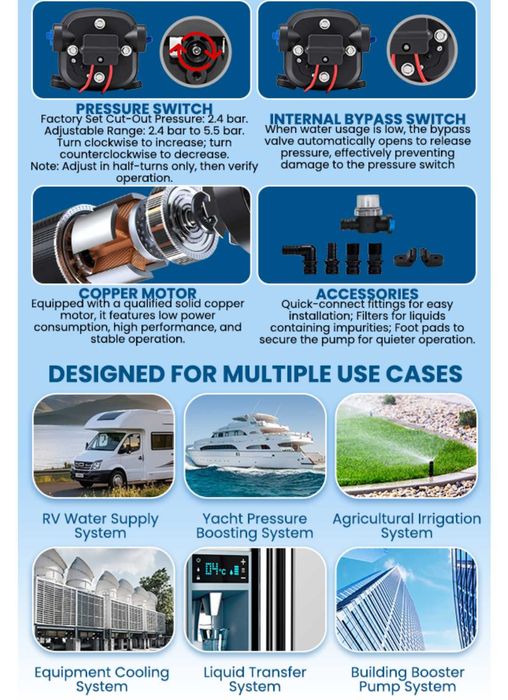 12V автоматична водна помпа 2.4 бара 95 W/ 12.5 л/мин за кемпер, лодка,напояване,тиха