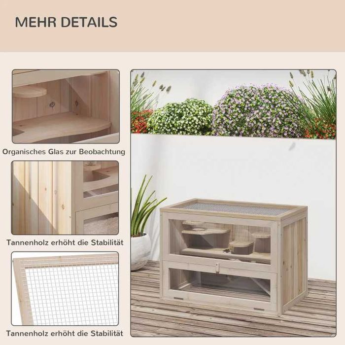 Дървена клетка за хамстери PawHut, 2 нива, 60 x 35 x 42 см, клетка за гризачи