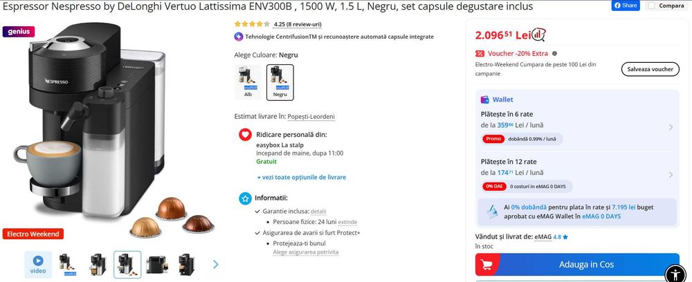 Espressor Nespresso by DeLonghi Vertuo Lattissima ENV300B