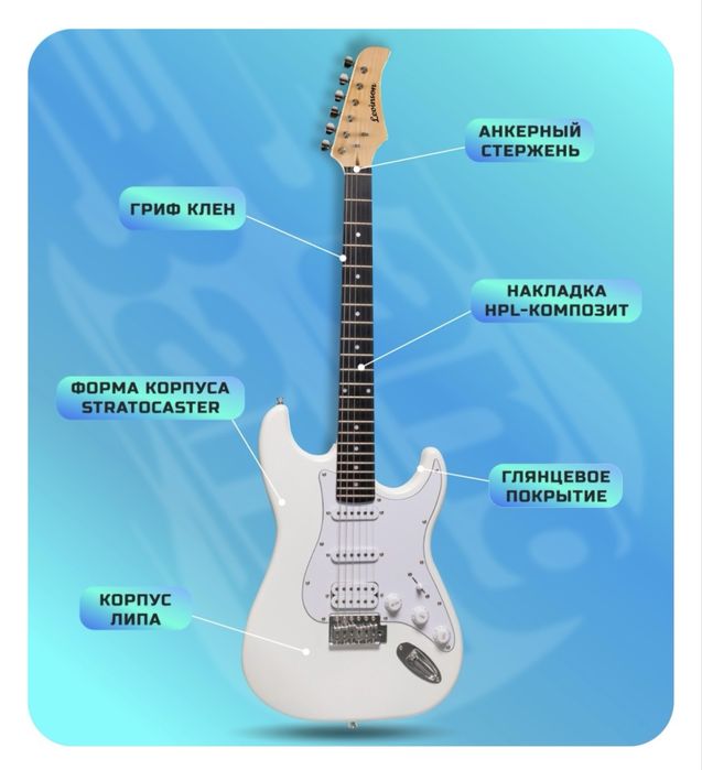 Белая электрогитара, форма Stratocaster (SSH)
