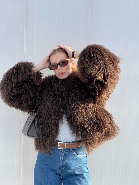 ново дамско палто косъм кафяв