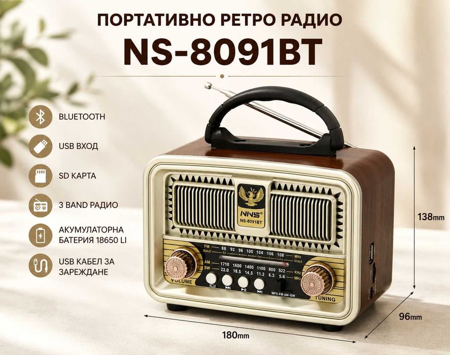 Портативно ретро радио NS-8091BT с Bluetooth, MP3, USB и SD карта